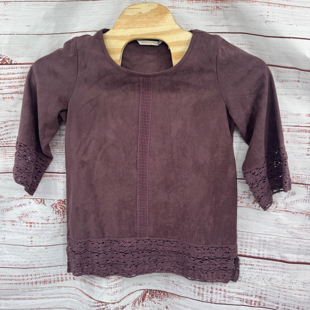 Soft Surroundings Shirt Womens XS  Plum Faux‎ Suede Lace Trim 3/4 Sleeve Top